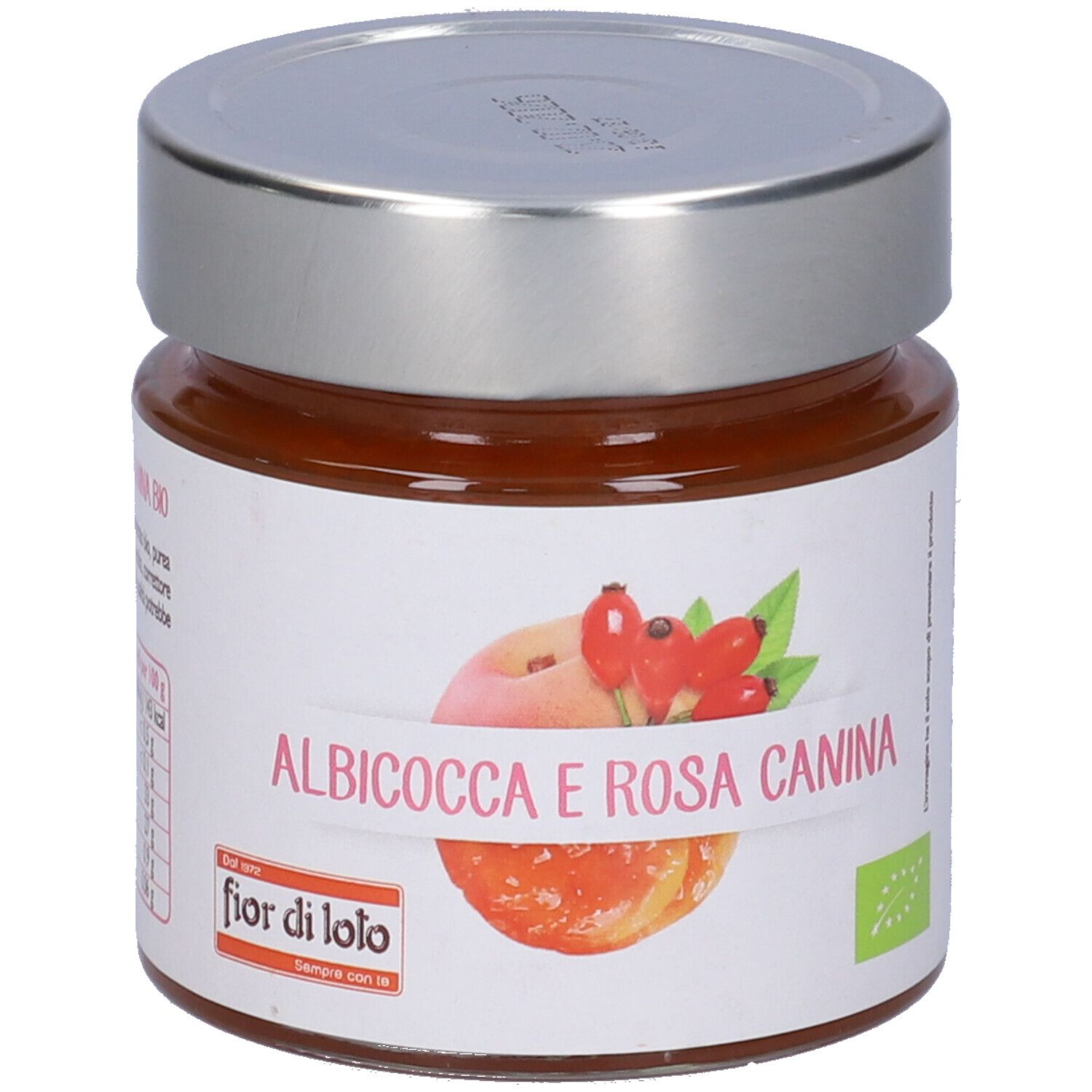 Vasetto con etichetta 'Albicocca e Rosa Canina'. Immagine di albicocca e rosa canina. Coperchio argentato.