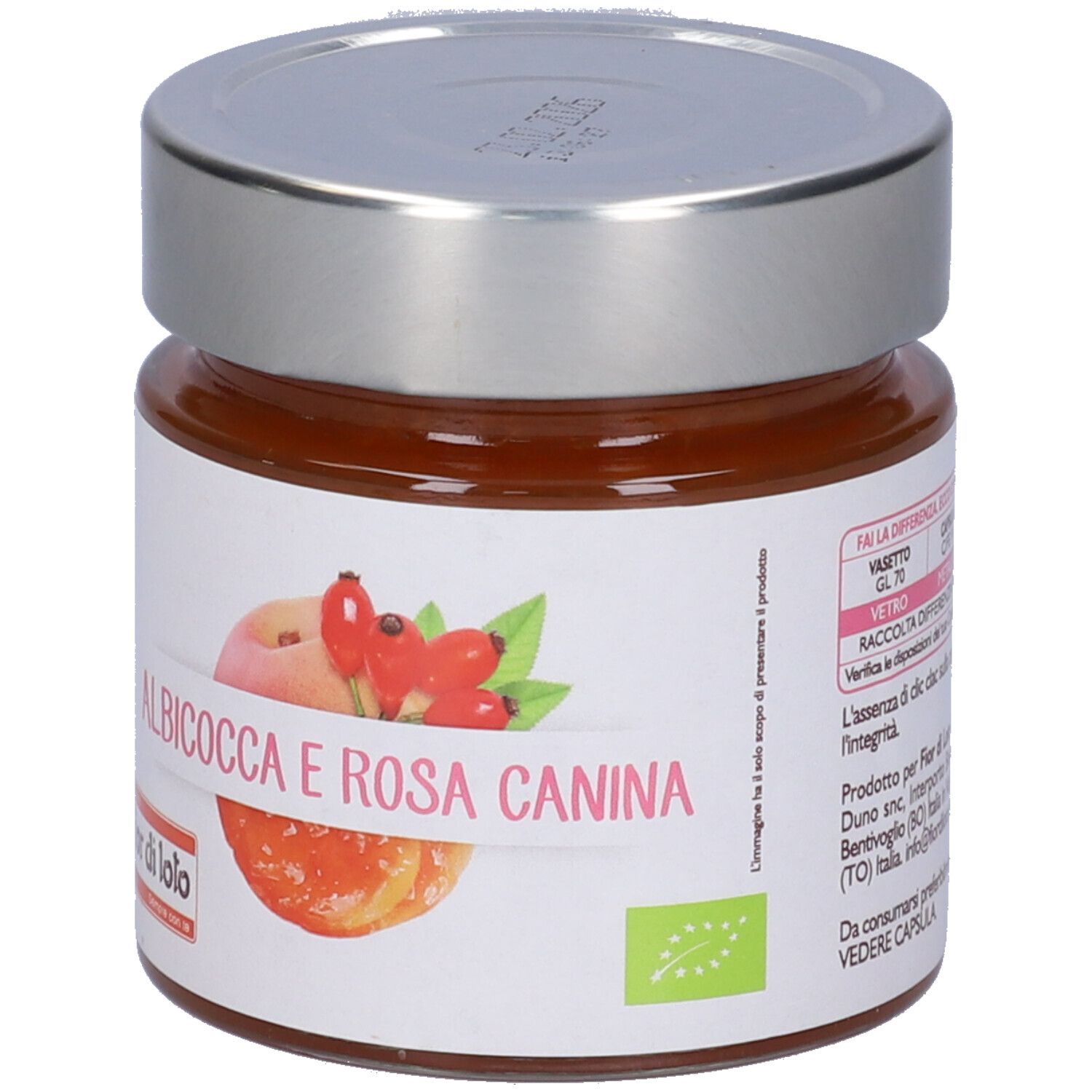 Vasetto con etichetta 'Albicocca e Rosa Canina'. Immagine di albicocca e rosa canina. Coperchio argentato.