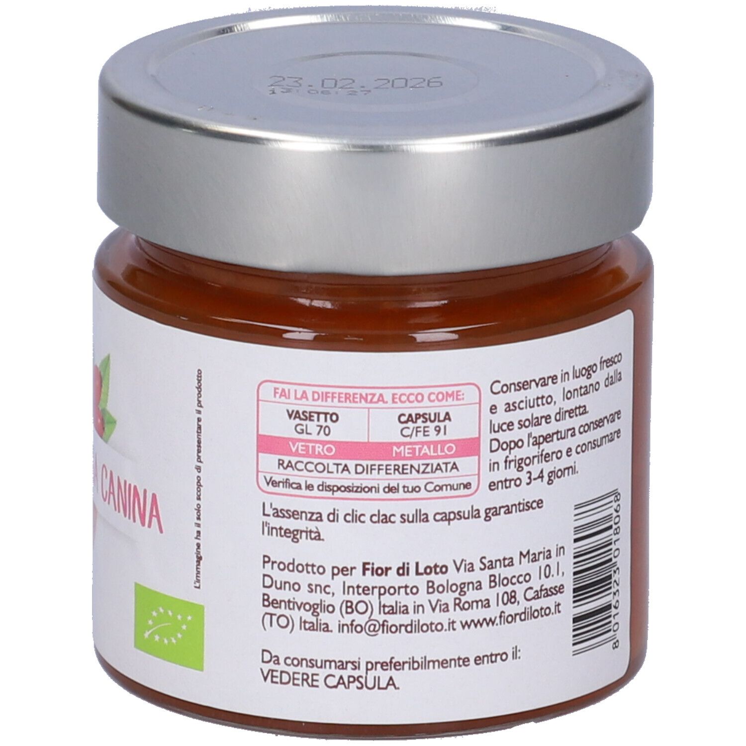 Vasetto con retro etichetta 'Albicocca e Rosa Canina'. Informazioni. Coperchio argentato.