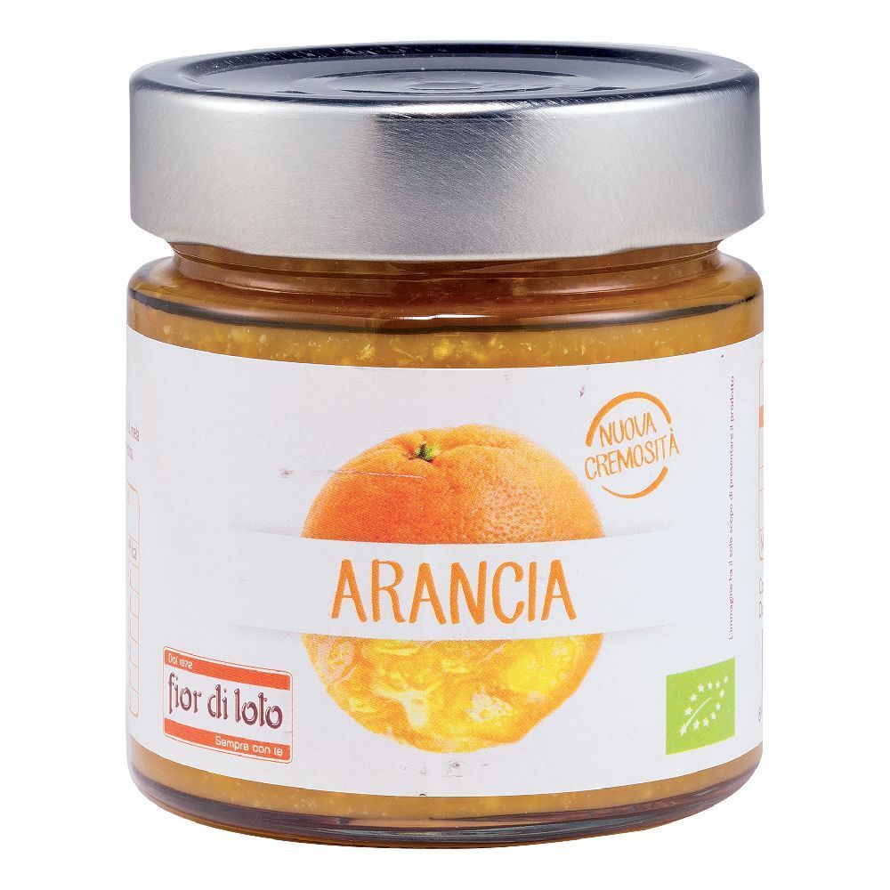 Vasetto con coperchio. Etichetta con arancia e scritta ARANCIA. Marchio: fior di loto. Certificazione bio.