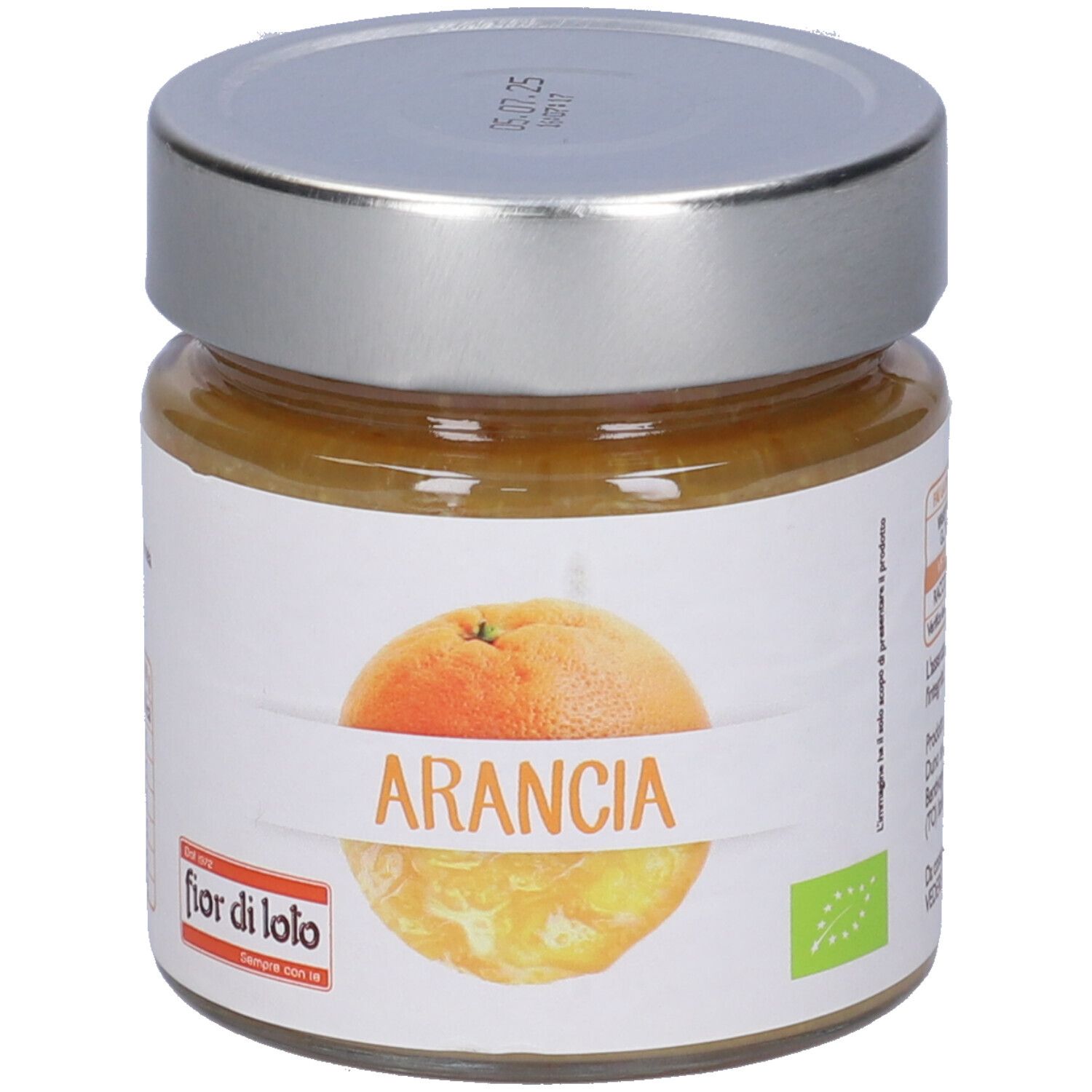 Vasetto con coperchio. Etichetta con arancia e scritta ARANCIA. Marchio: fior di loto. Certificazione bio.