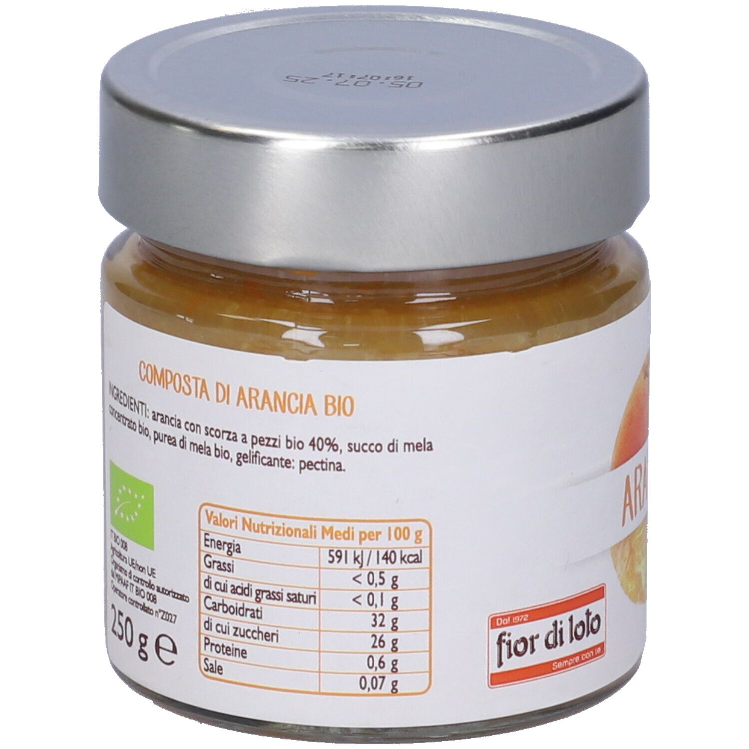 Vasetto con coperchio. Retro con lista ingredienti e tabella nutrizionale. Certificazione bio. Scritta: COMPOSTA DI ARANCIA BIO.