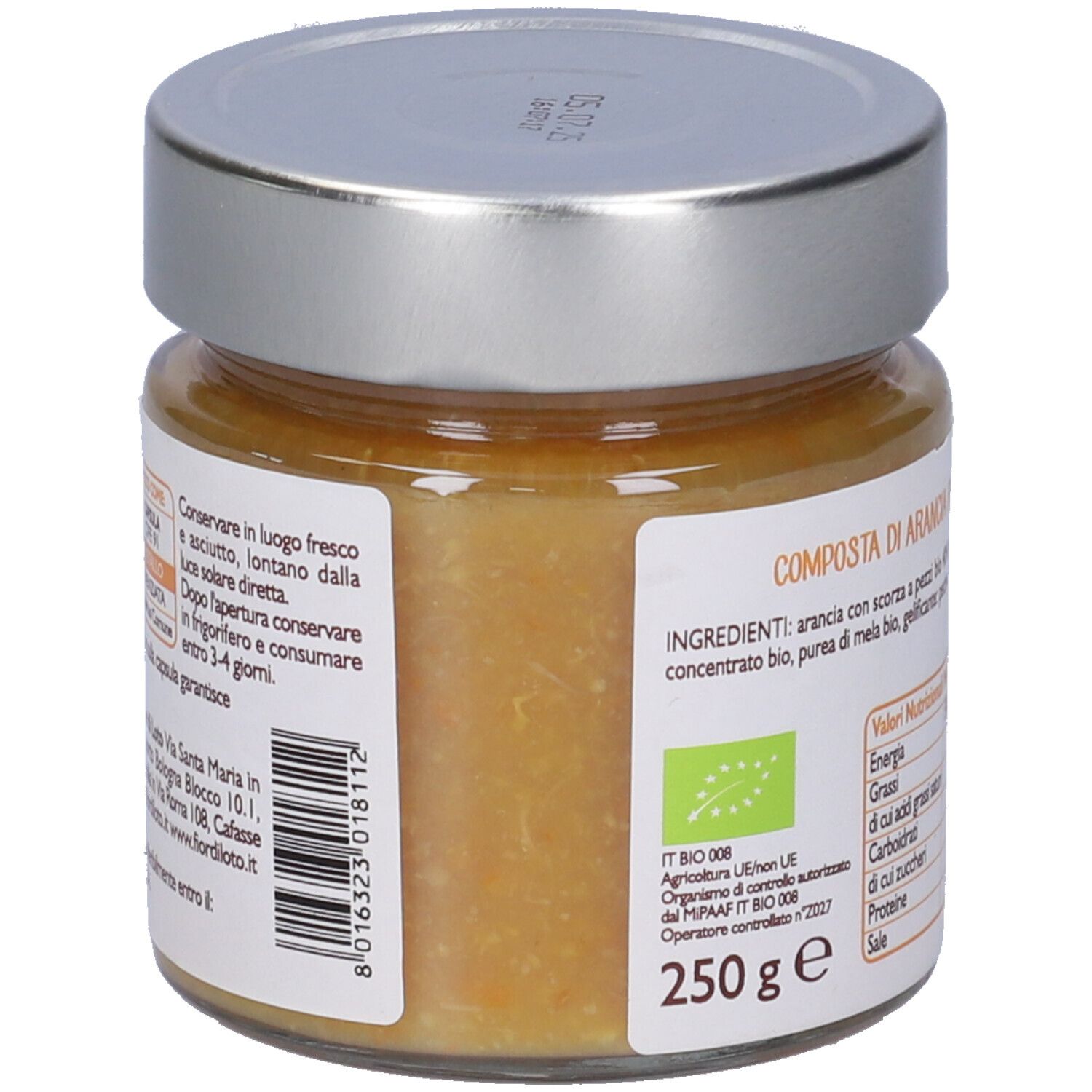 Vasetto con coperchio. Retro con informazioni di conservazione e ingredienti. Certificazione bio. Scritta: 250 g.