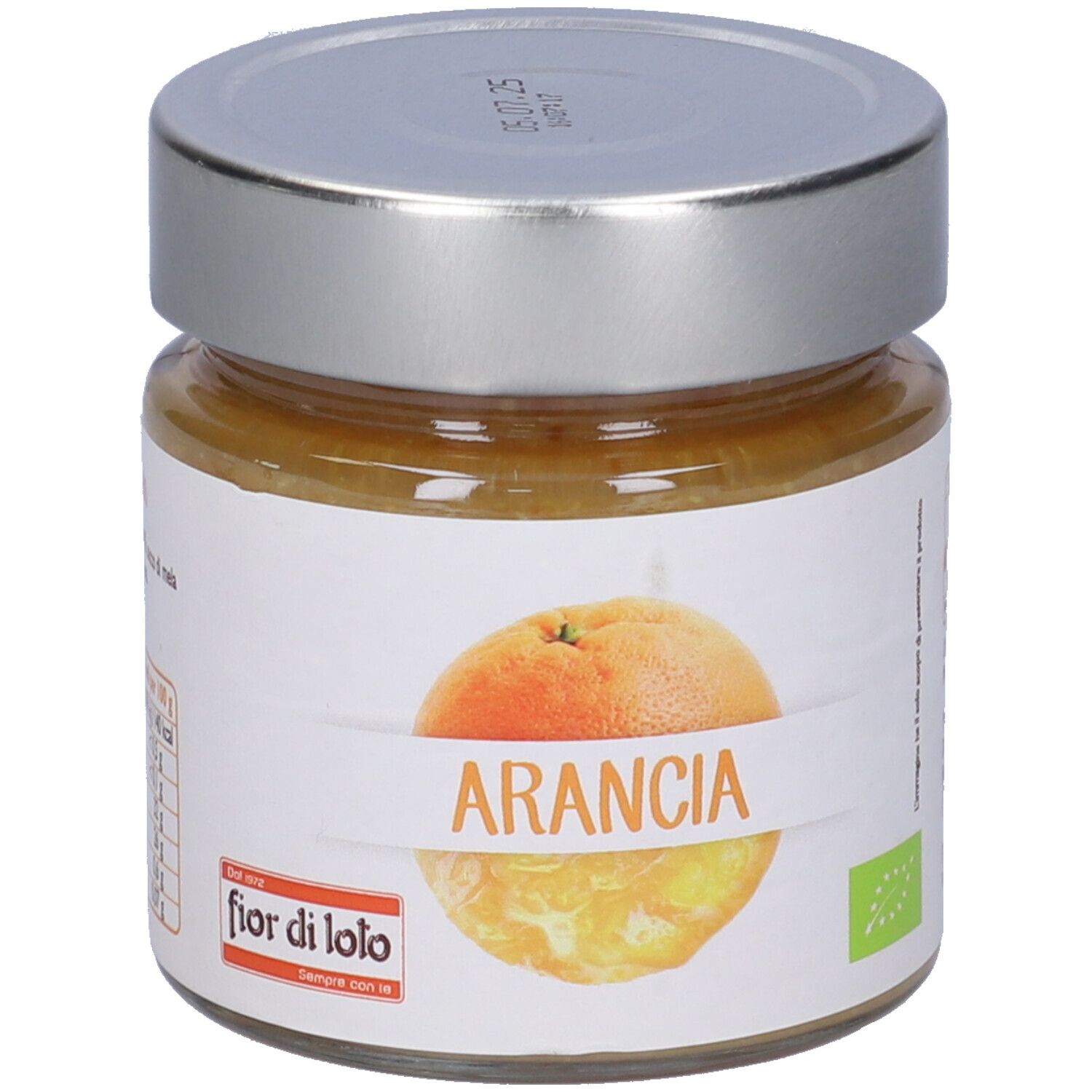 Vasetto con coperchio. Etichetta con arancia e scritta ARANCIA. Marchio: fior di loto. Certificazione bio.