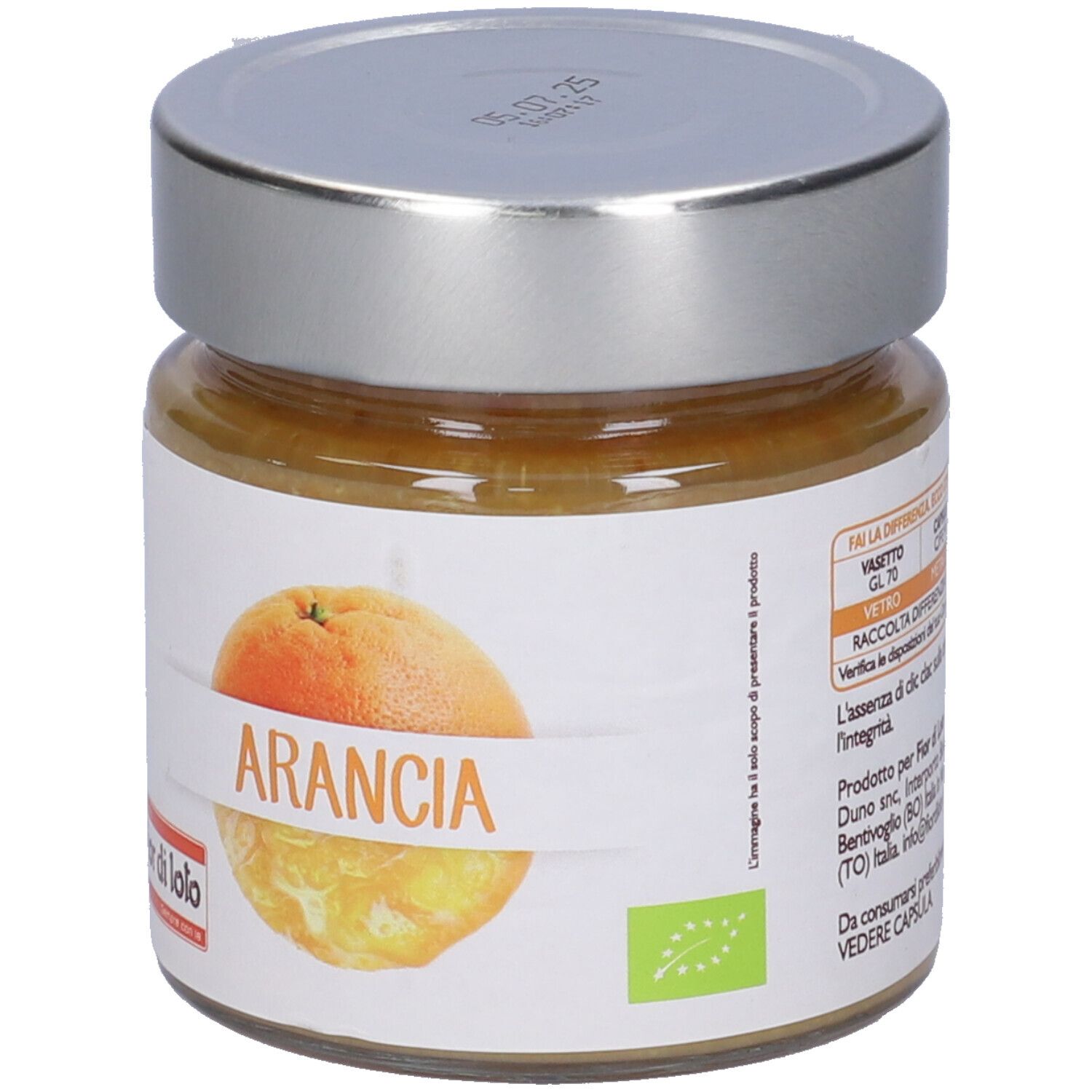 Vasetto con coperchio. Etichetta con arancia e scritta ARANCIA. Marchio: fior di loto. Certificazione bio.