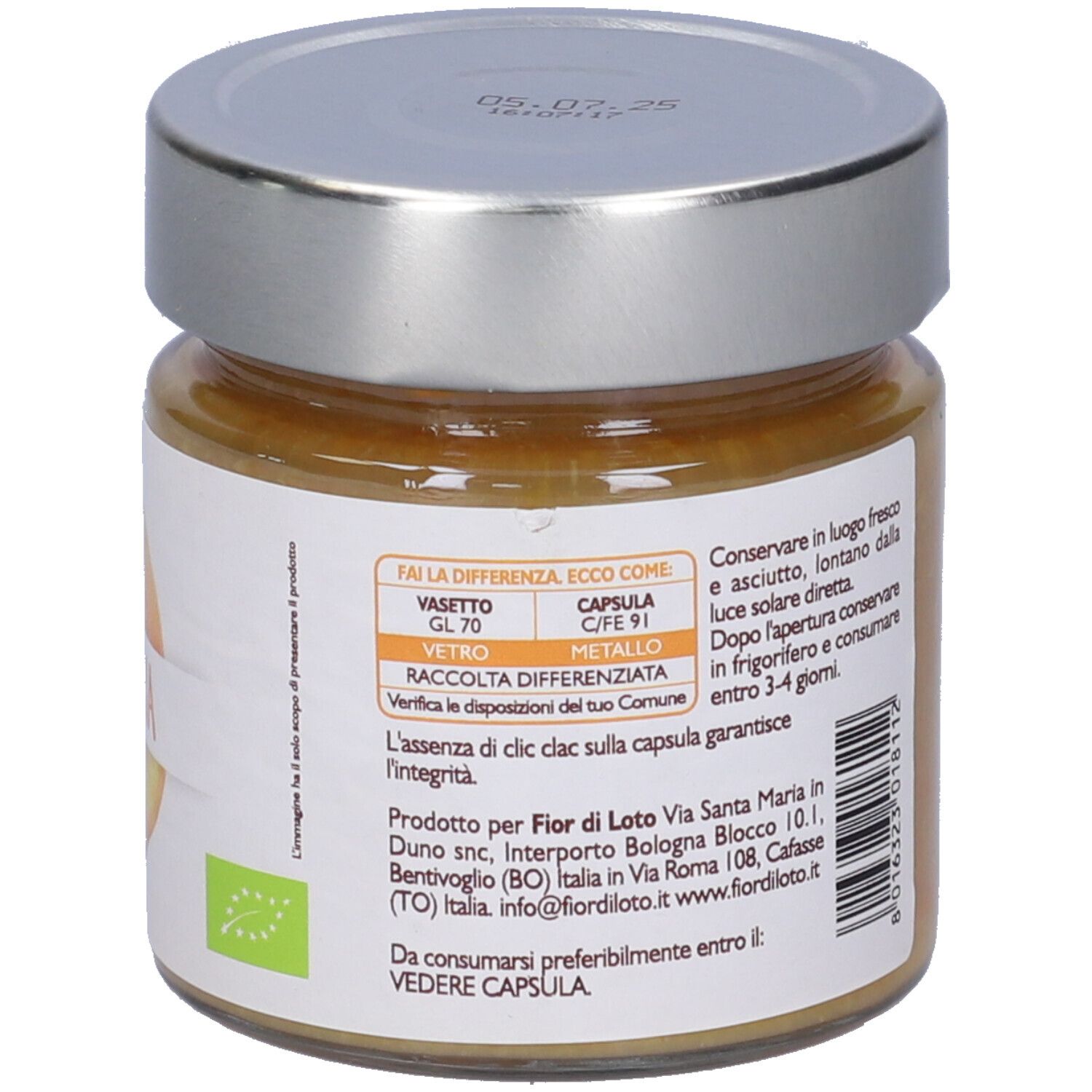 Vasetto con coperchio. Retro con informazioni di conservazione e produttore. Certificazione bio. Scritta: 250 g.