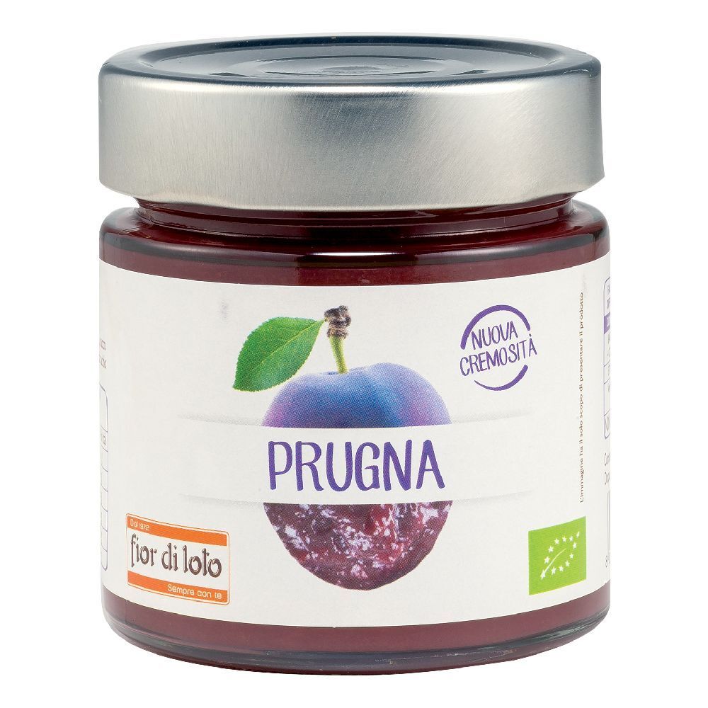 Vasetto di composta di prugne. Etichetta con immagine di prugna e scritta "PRUGNA". Coperchio argentato.