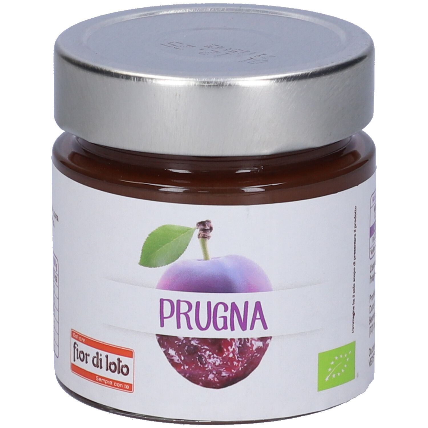Vasetto di composta di prugne. Etichetta con immagine di prugna e scritta "PRUGNA". Coperchio argentato.