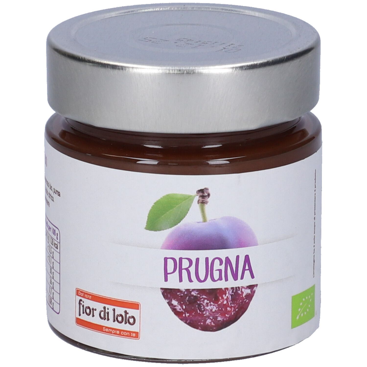 Vasetto di composta di prugne. Etichetta con immagine di prugna e scritta "PRUGNA". Coperchio argentato.