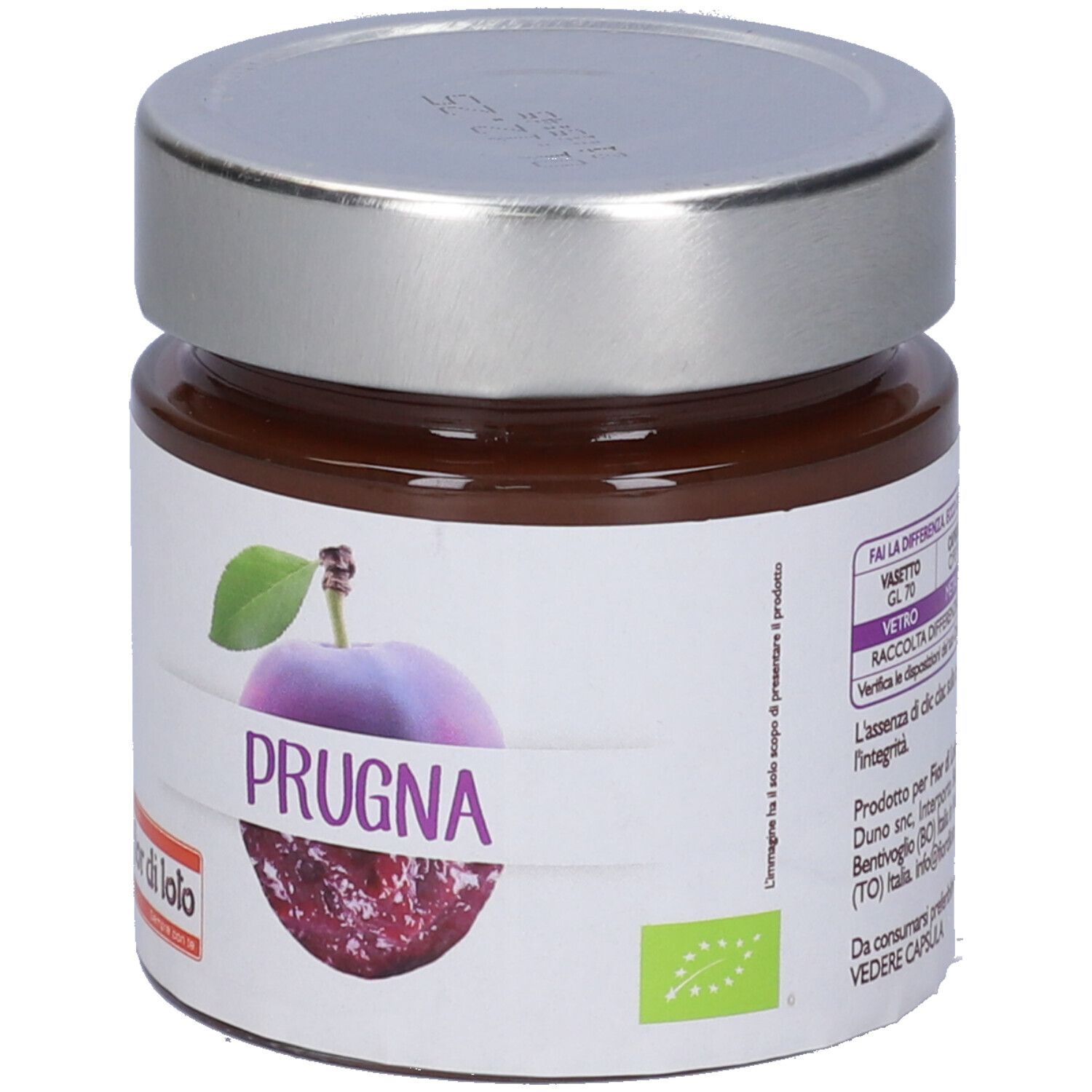 Vasetto di composta di prugne. Etichetta con immagine di prugna e scritta "PRUGNA". Coperchio argentato.