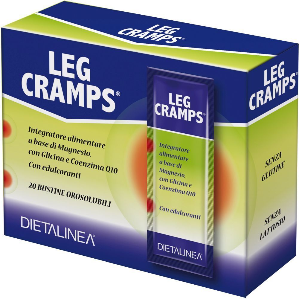 Scatola "LEG CRAMPS" con 20 bustine. Scritte in italiano. Marchio: Dietalinea. Visibile una bustina singola.