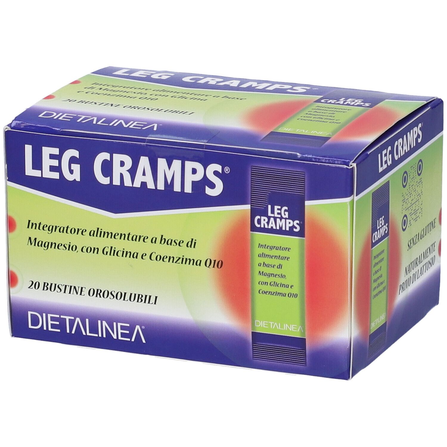 Scatola "LEG CRAMPS" con 20 bustine. Scritte in italiano. Marchio: Dietalinea. Senza glutine, senza lattosio.