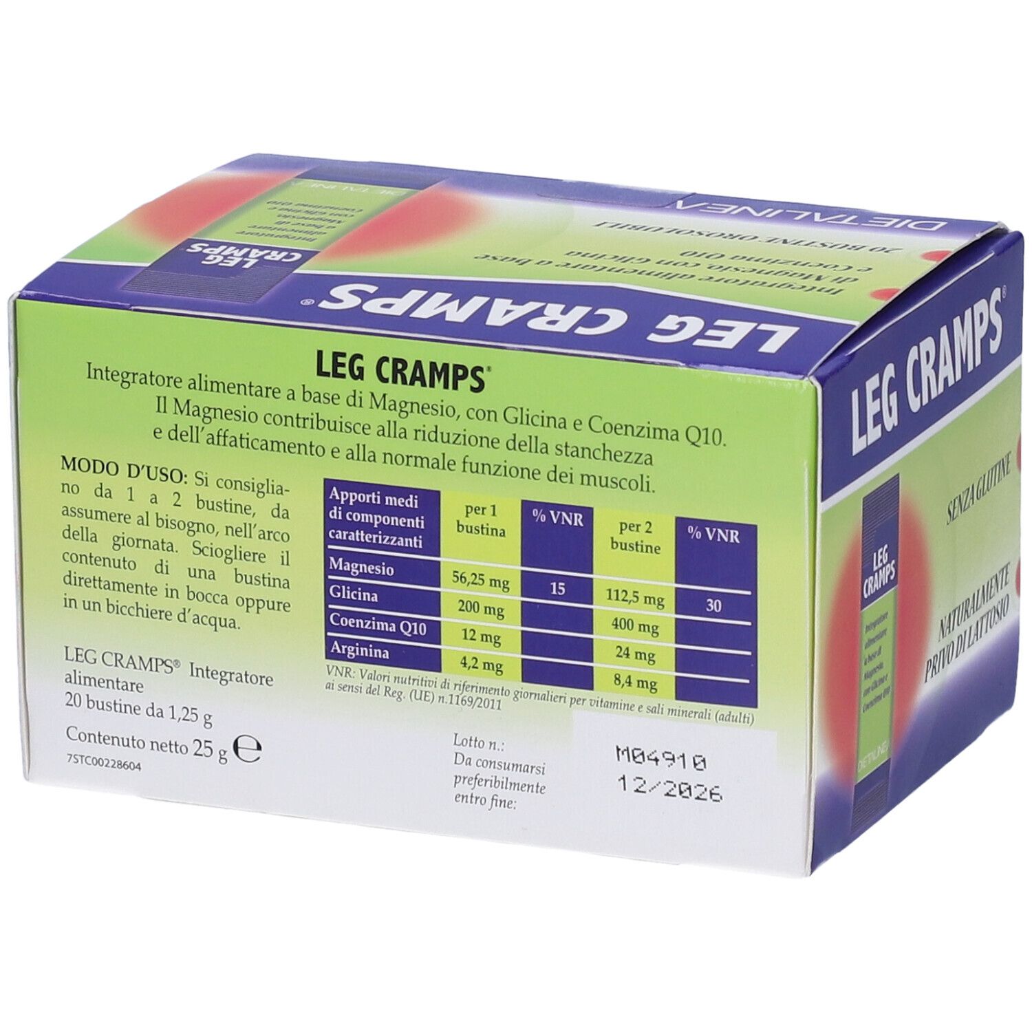 Retro della scatola "LEG CRAMPS". Testi in italiano. Ingredienti e informazioni nutrizionali. Marchio: Dietalinea. Data di scadenza.