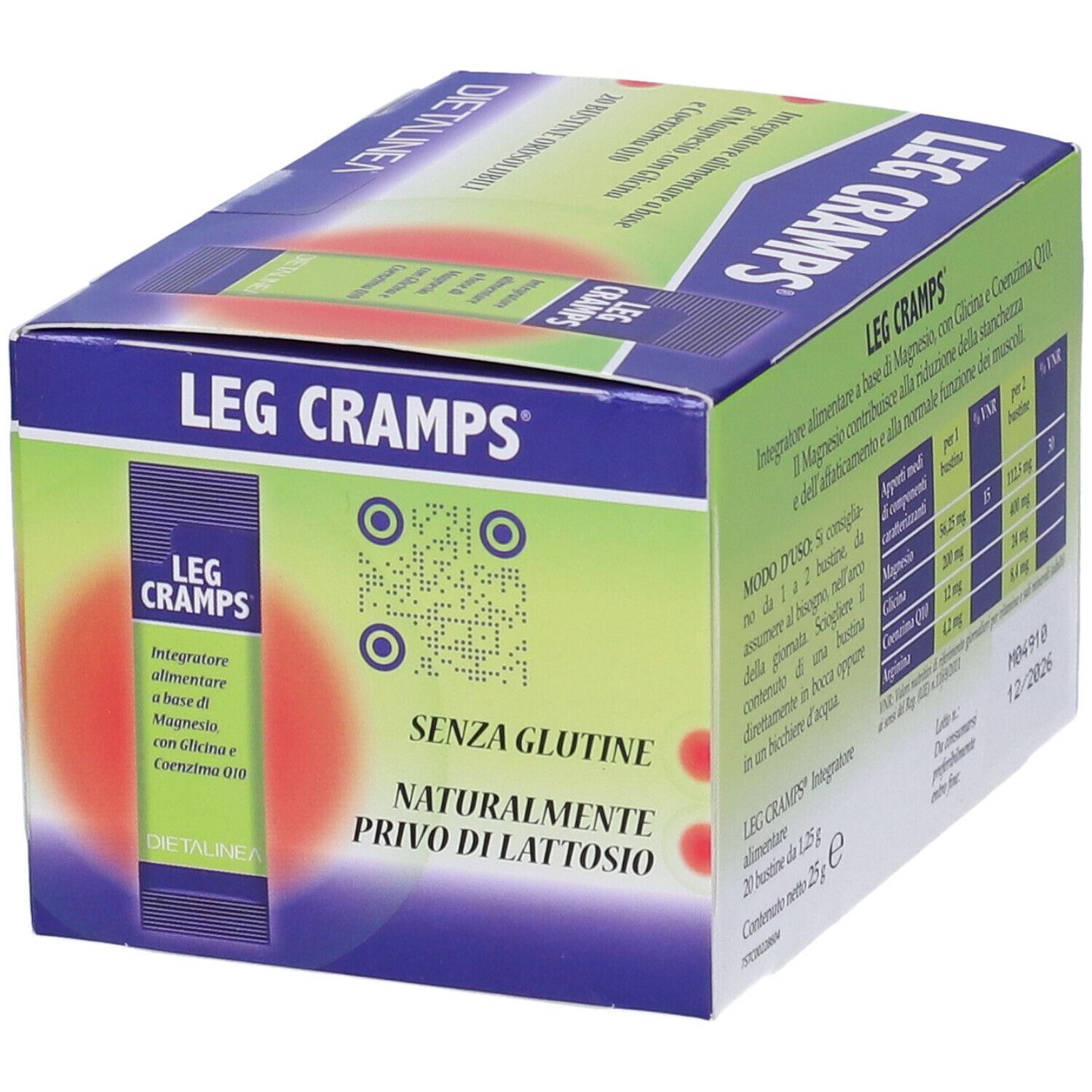 Scatola "LEG CRAMPS" con 20 bustine. Scritte in italiano. Marchio: Dietalinea. Senza glutine, senza lattosio. Codice QR.