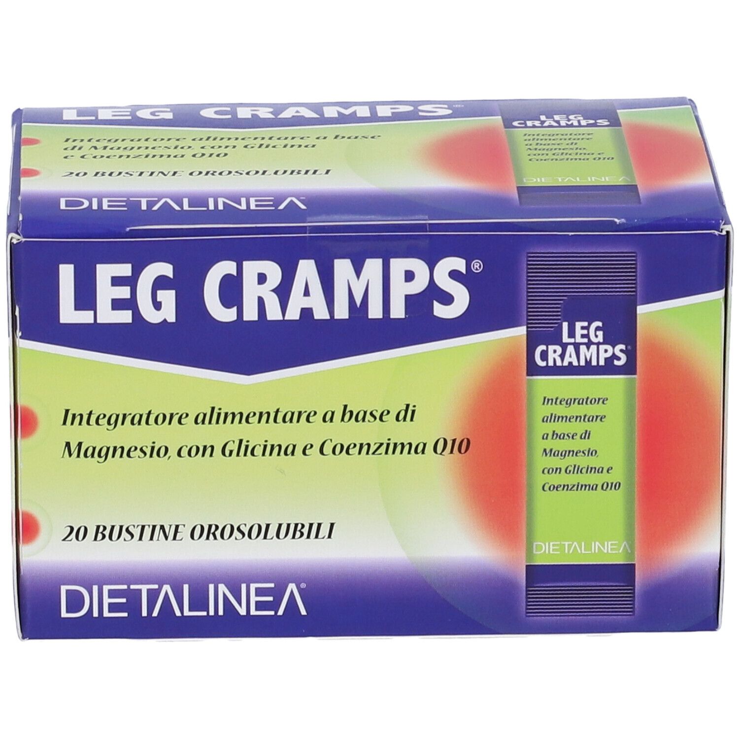 Scatola "LEG CRAMPS" con 20 bustine. Scritte in italiano. Marchio: Dietalinea. Bustina singola visibile.