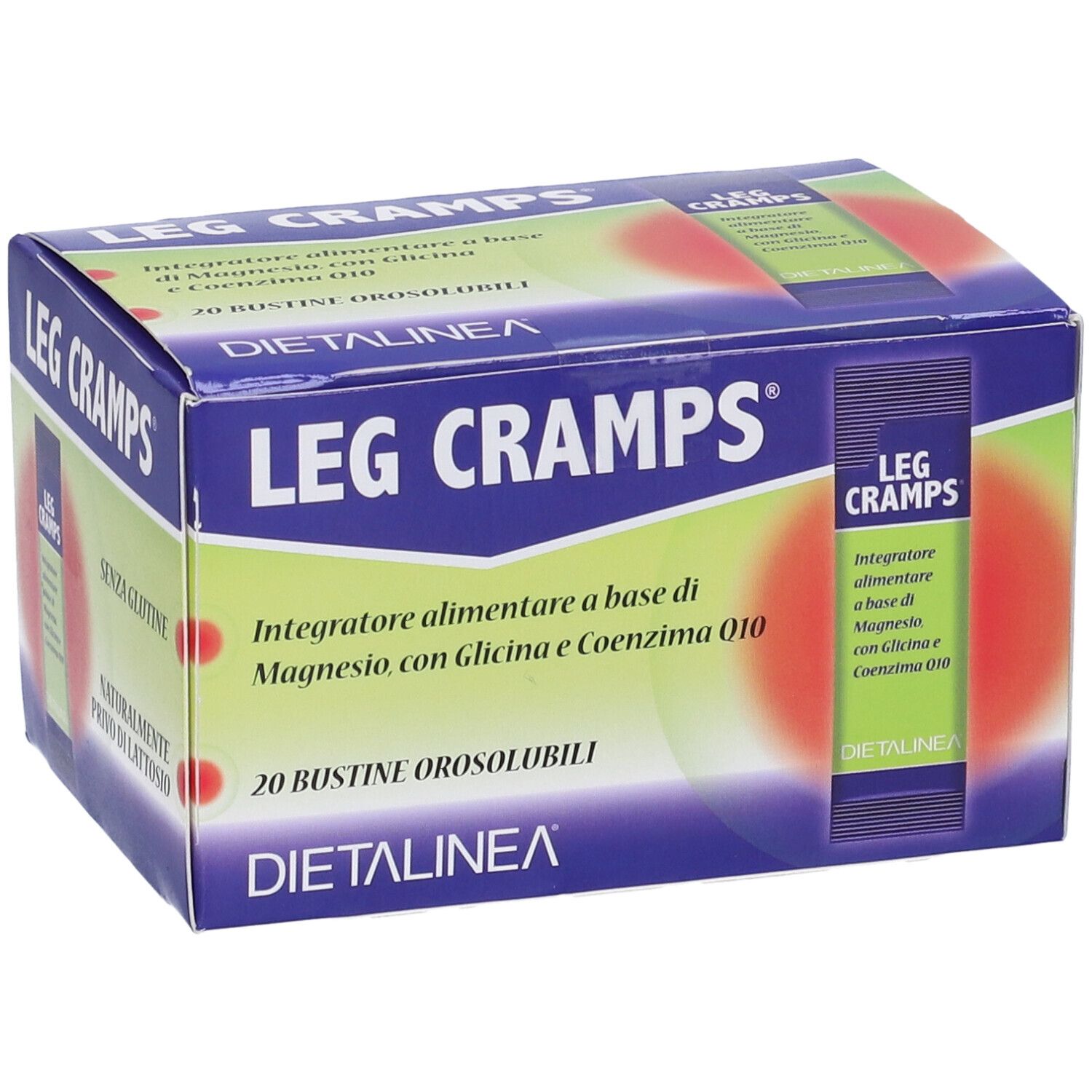 Scatola "LEG CRAMPS" con 20 bustine. Scritte in italiano. Marchio: Dietalinea. Senza glutine, senza lattosio.