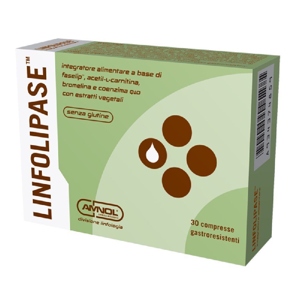 Scatola AMNOL® Linfolipase™. Verde e bianca, nome del prodotto e ingredienti. 30 compresse.