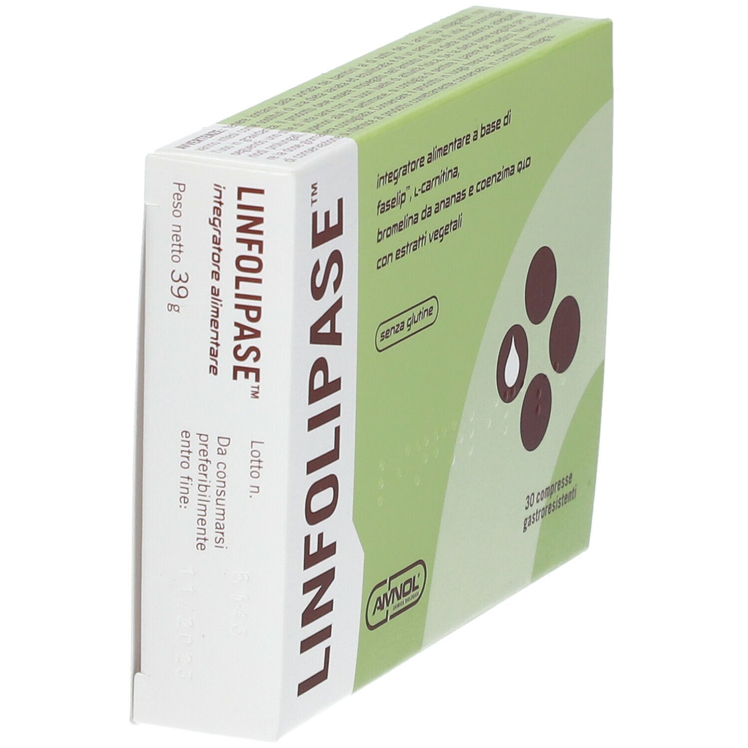 Scatola AMNOL® Linfolipase™. Verde e bianca, nome del prodotto e ingredienti. 30 compresse.