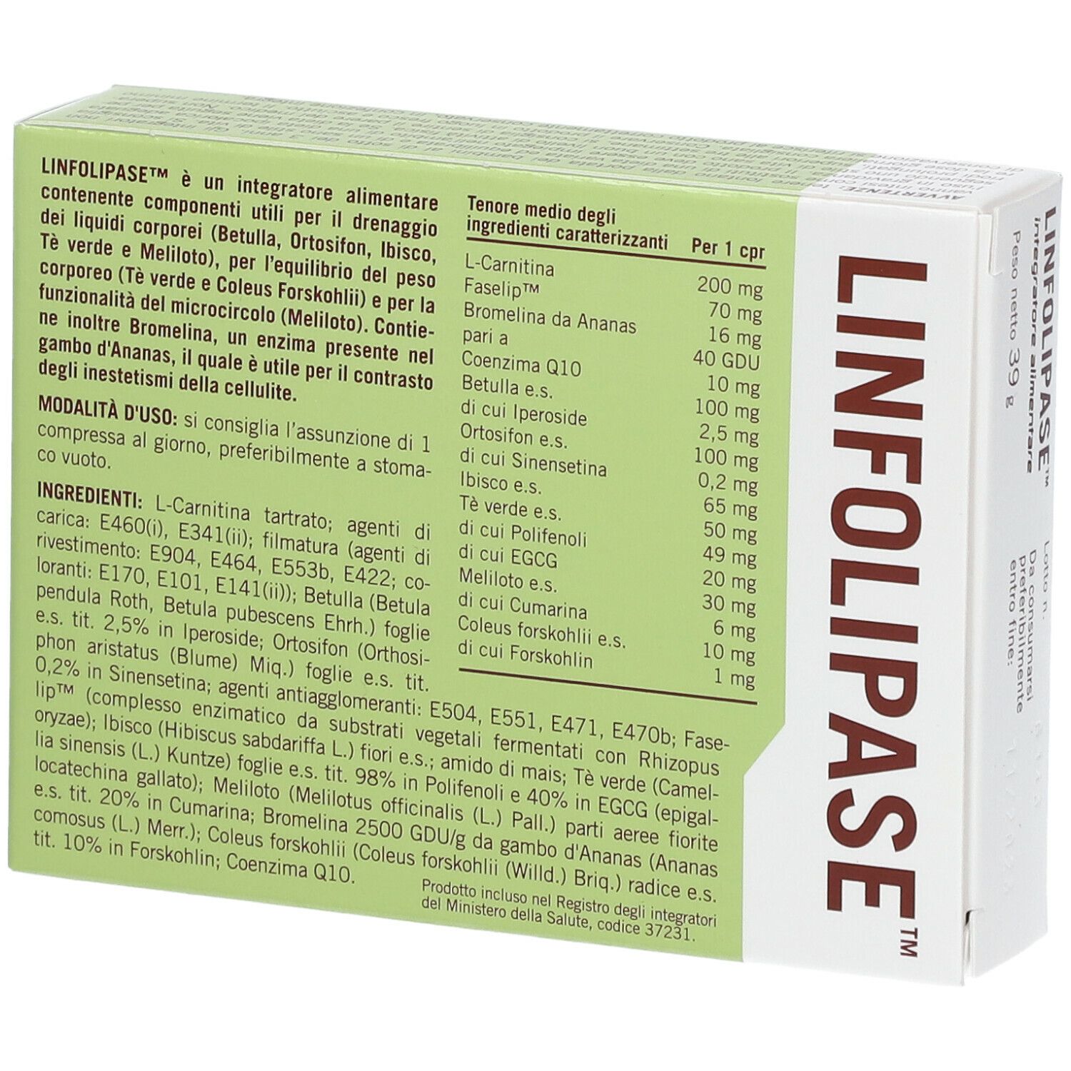 Retro della scatola AMNOL® Linfolipase™. Ingredienti e informazioni nutrizionali.