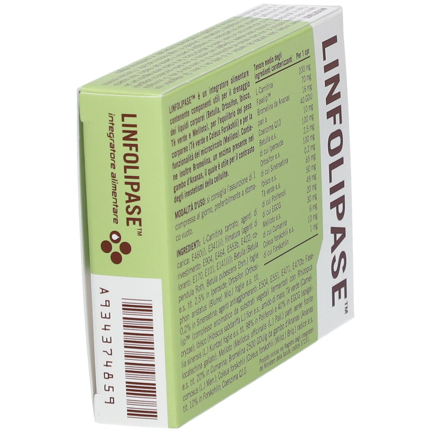 Retro della scatola AMNOL® Linfolipase™. Ingredienti e informazioni nutrizionali.