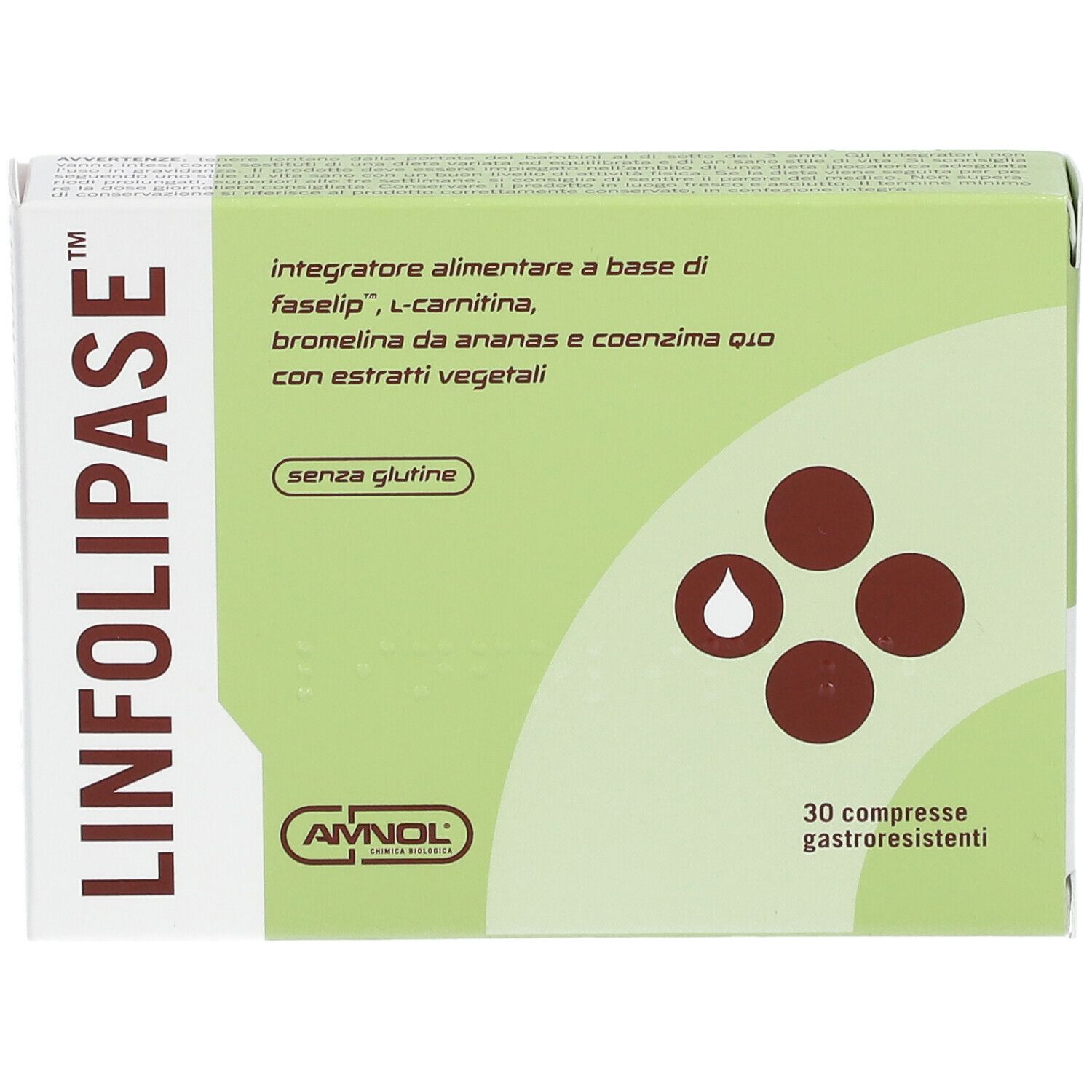 Scatola AMNOL® Linfolipase™. Verde e bianca, nome del prodotto e ingredienti. 30 compresse.