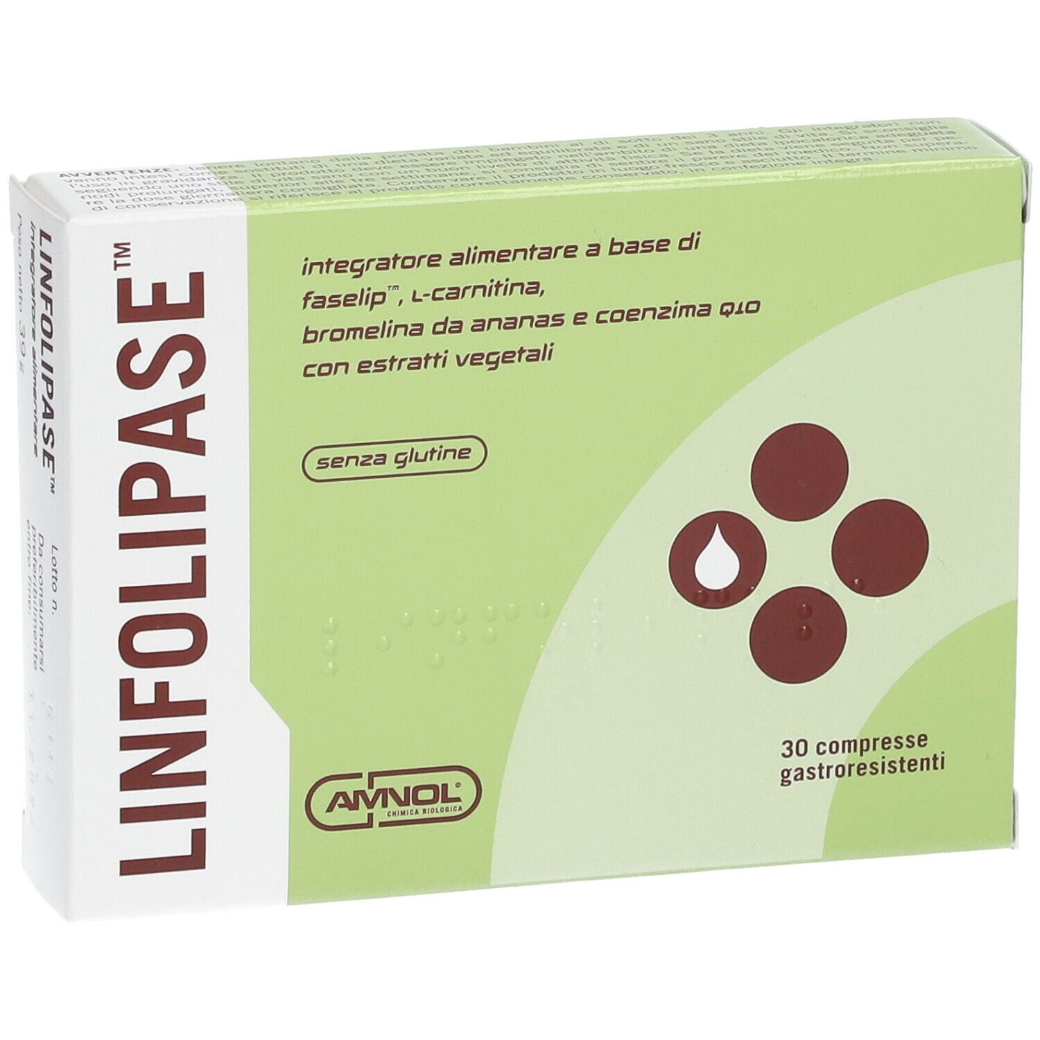 Scatola AMNOL® Linfolipase™. Verde e bianca, nome del prodotto e ingredienti. 30 compresse.
