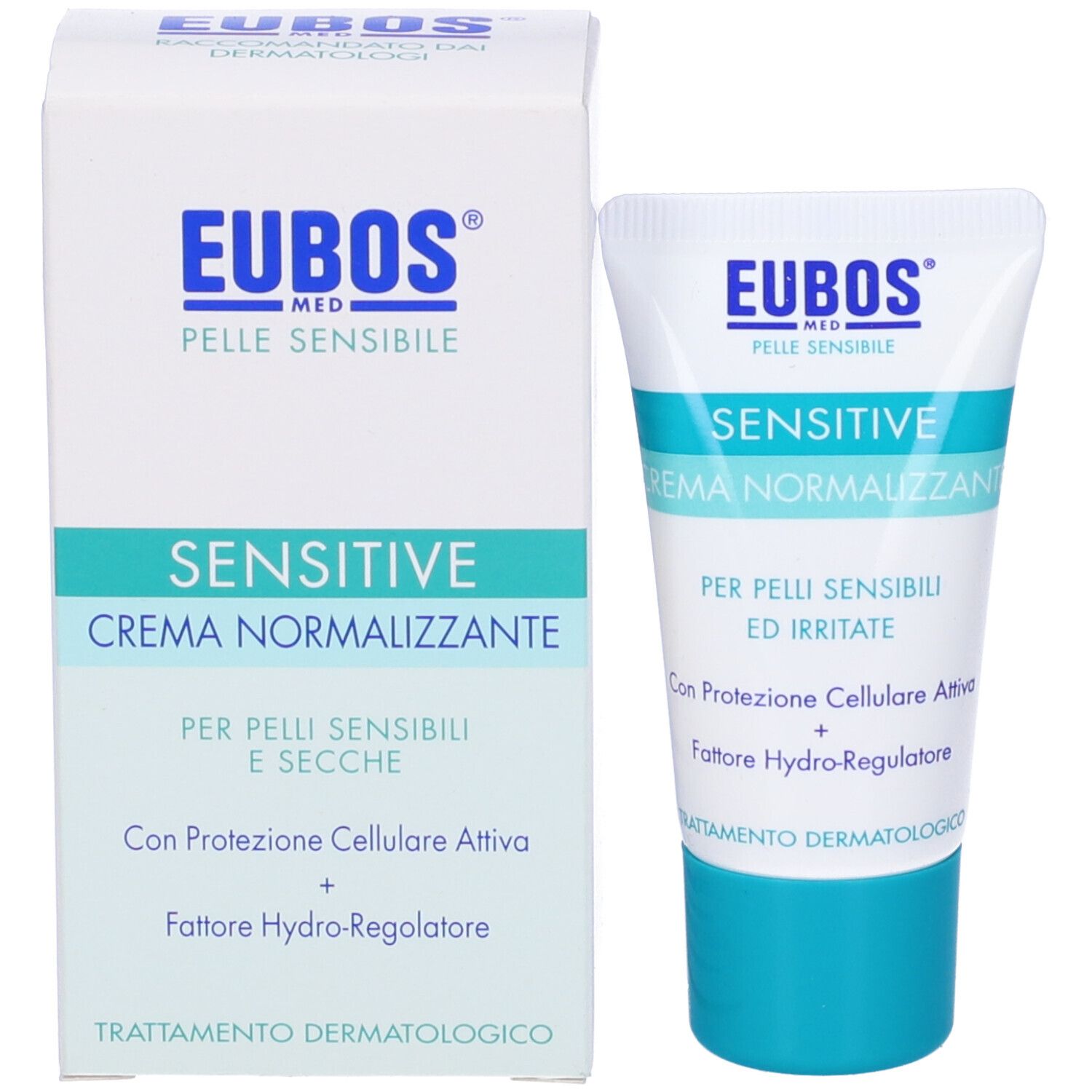 Confezione del prodotto: scatola e tubo. Scatola con nome del prodotto. Tubo con tappo blu.