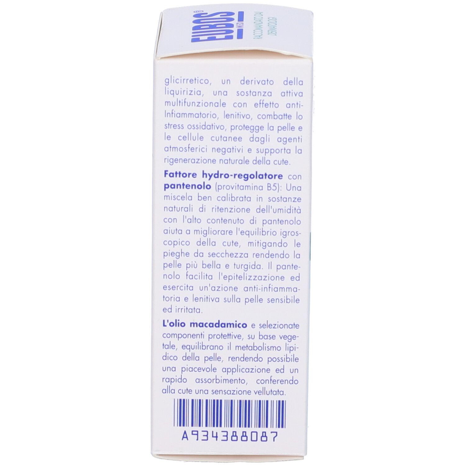Retro della scatola. Testo in italiano. Contiene informazioni sugli ingredienti e il produttore.