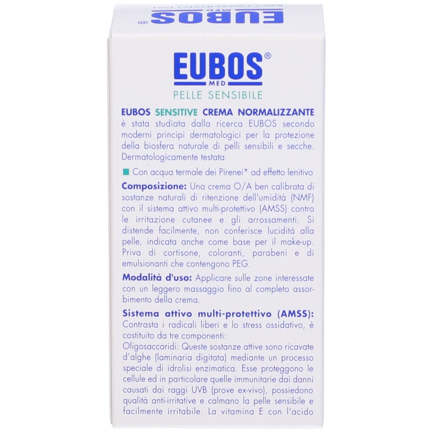 Retro della scatola. Testo in italiano. Contiene informazioni sugli ingredienti e il produttore.
