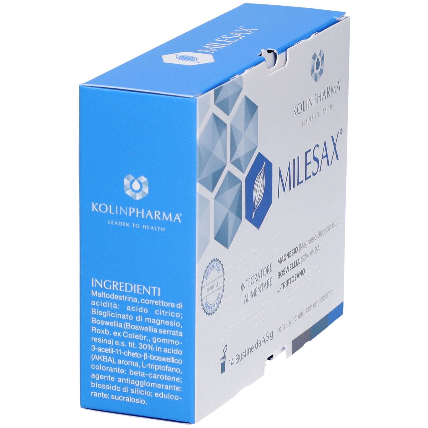 Karton von Milesax®. Seitenansicht. Enthält Inhaltsstoffe. Aufschrift: Integratore Alimentare, Magnesio, Boswellia, L-Triptofano. Kolinpharma Logo.