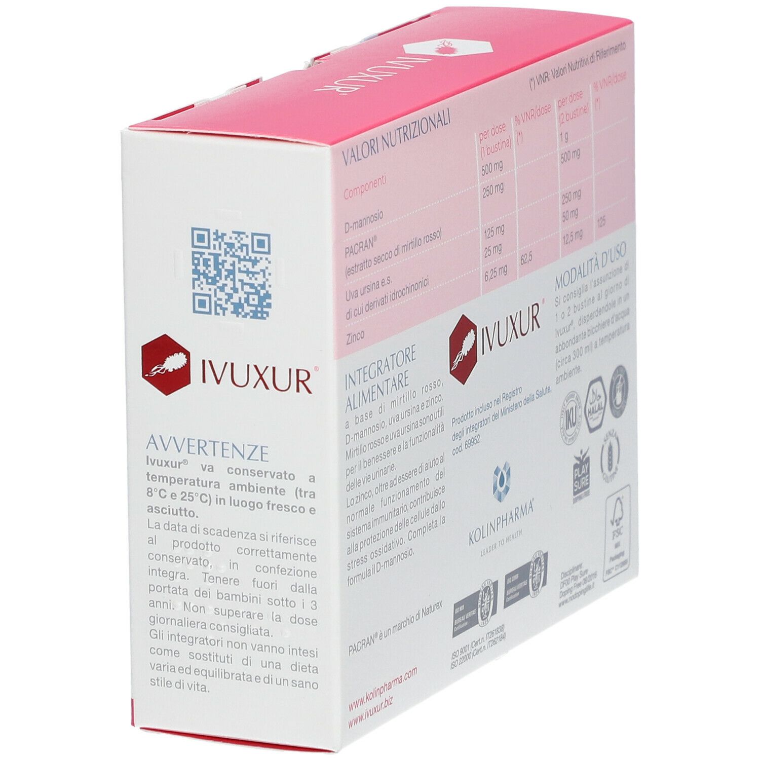 Confezione del prodotto con avvertenze e informazioni nutrizionali. Contiene 14 bustine. Con certificazioni e codice QR.
