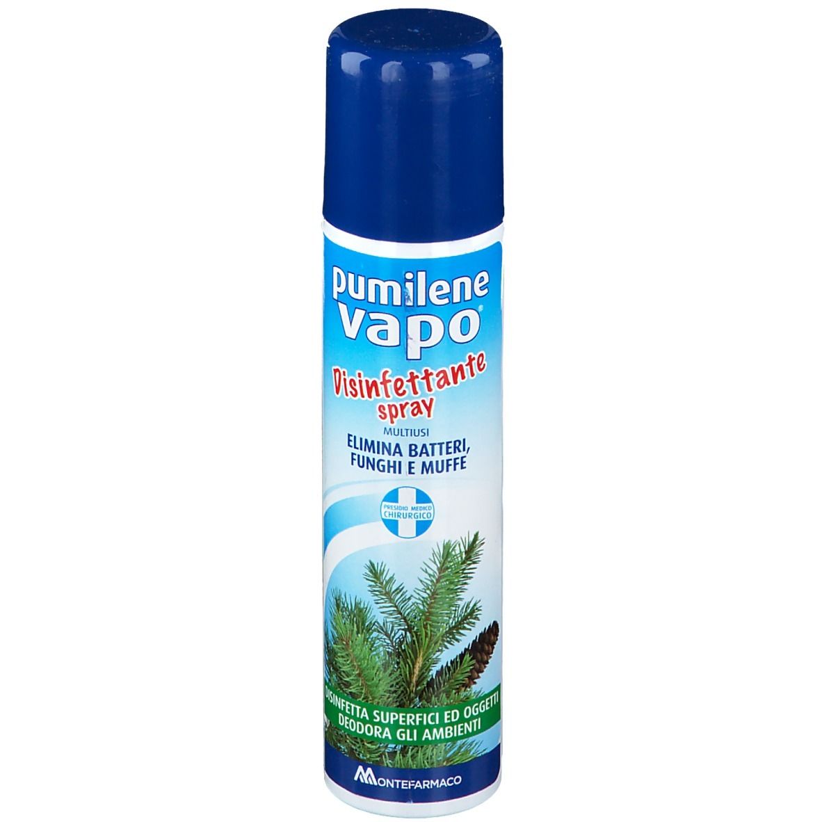 Bomboletta spray blu e bianca. Scritta: Pumilene Vapo Disinfettante spray. Illustrazione di ramo di pino. Elimina batteri, funghi e muffe.