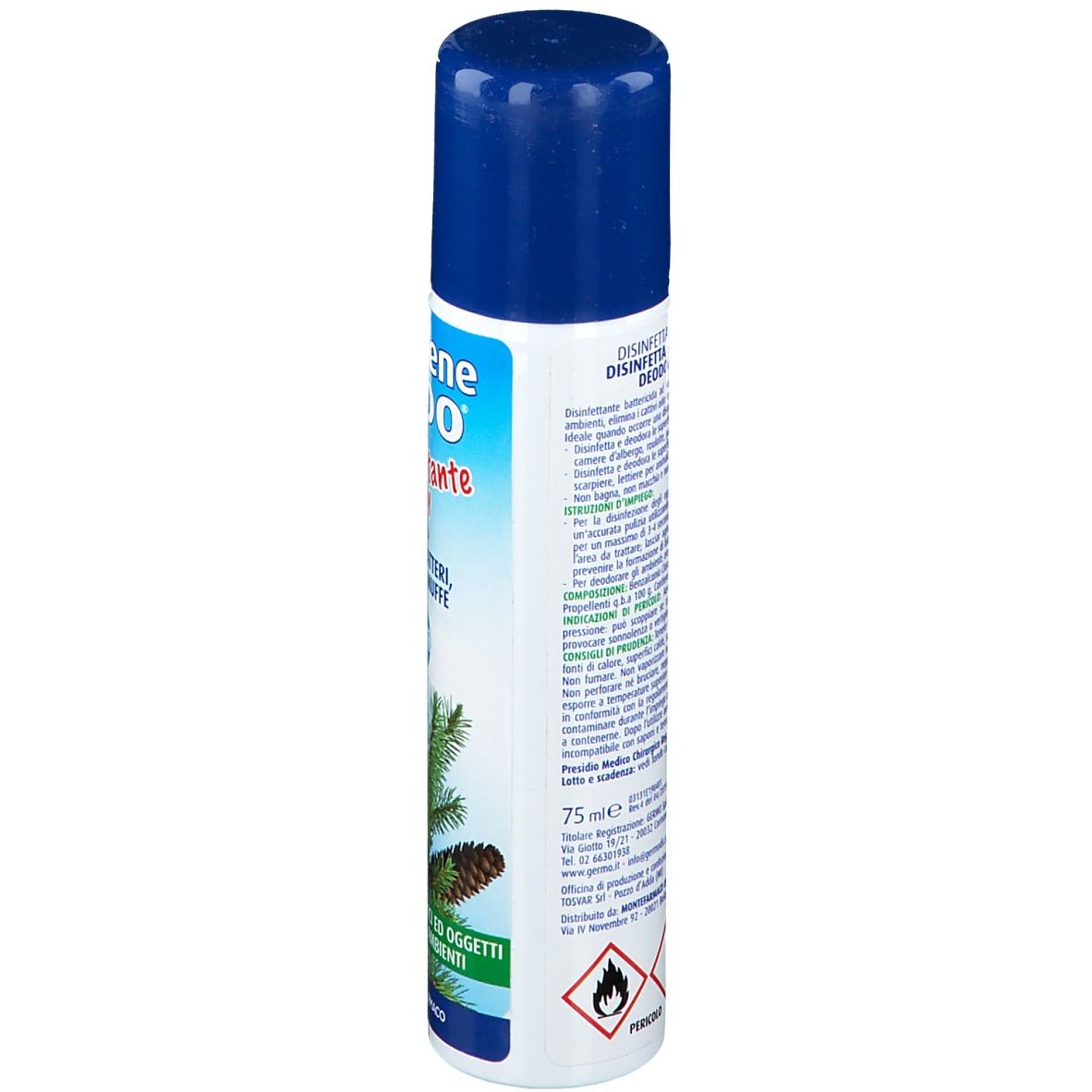 Retro della bomboletta spray. Informazioni testuali. Scritta: Disinfettante, Deodorante. Avvertenze e pittogrammi. 75 ml.