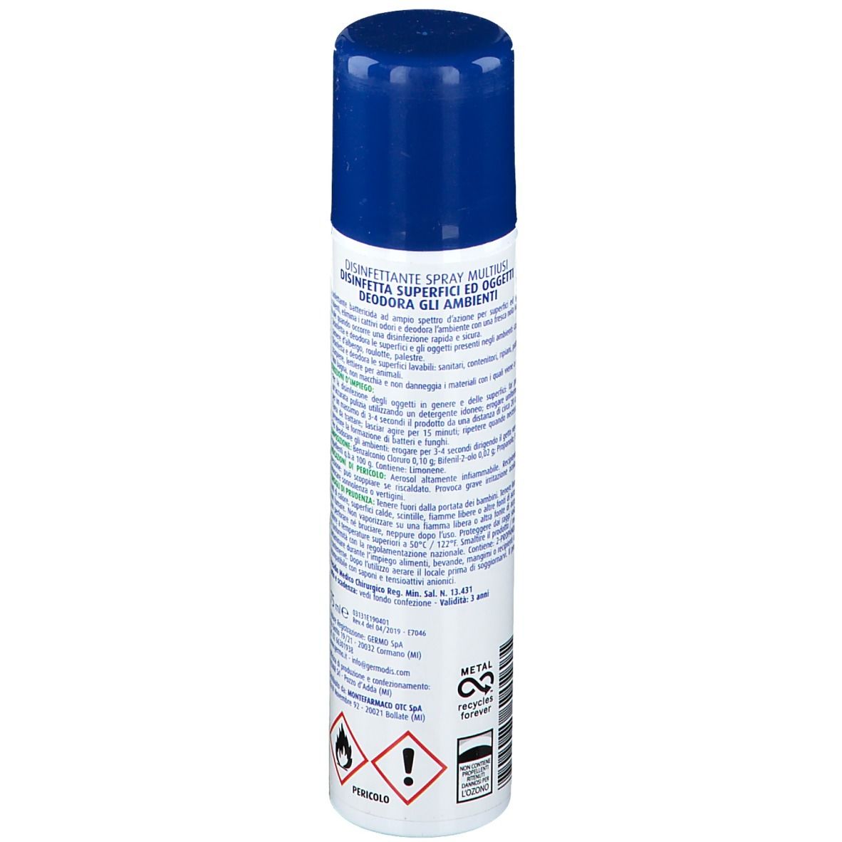 Retro della bomboletta spray. Informazioni testuali. Avvertenze e pittogrammi. Simbolo di riciclaggio del metallo.