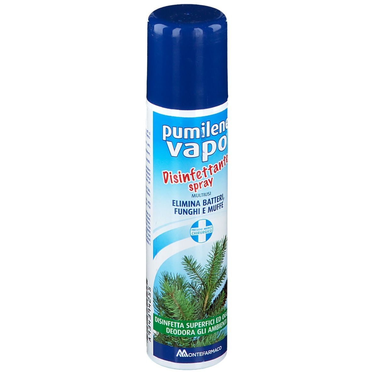 Bomboletta spray blu e bianca. Scritta: Pumilene Vapo Disinfettante spray. Illustrazione di ramo di pino. Elimina batteri, funghi e muffe.