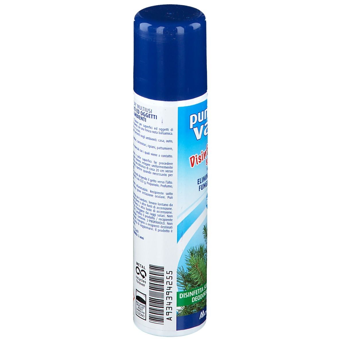 Retro della bomboletta spray. Informazioni testuali. Scritta: Disinfettante, Deodorante. Avvertenze e pittogrammi. Simbolo di riciclaggio del metallo.