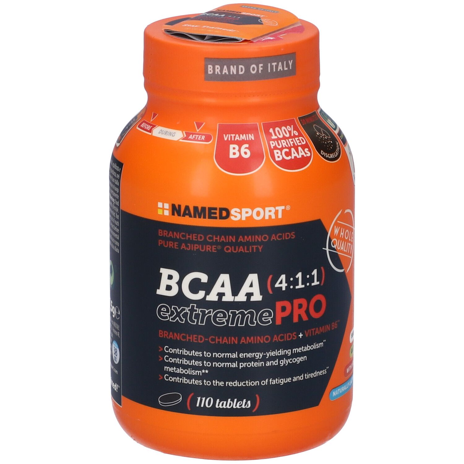 Flacon orange de comprimés. Inscription : BCAA 4:1:1 Extreme Pro. Contient 110 comprimés. Marque : NAMEDSPORT.