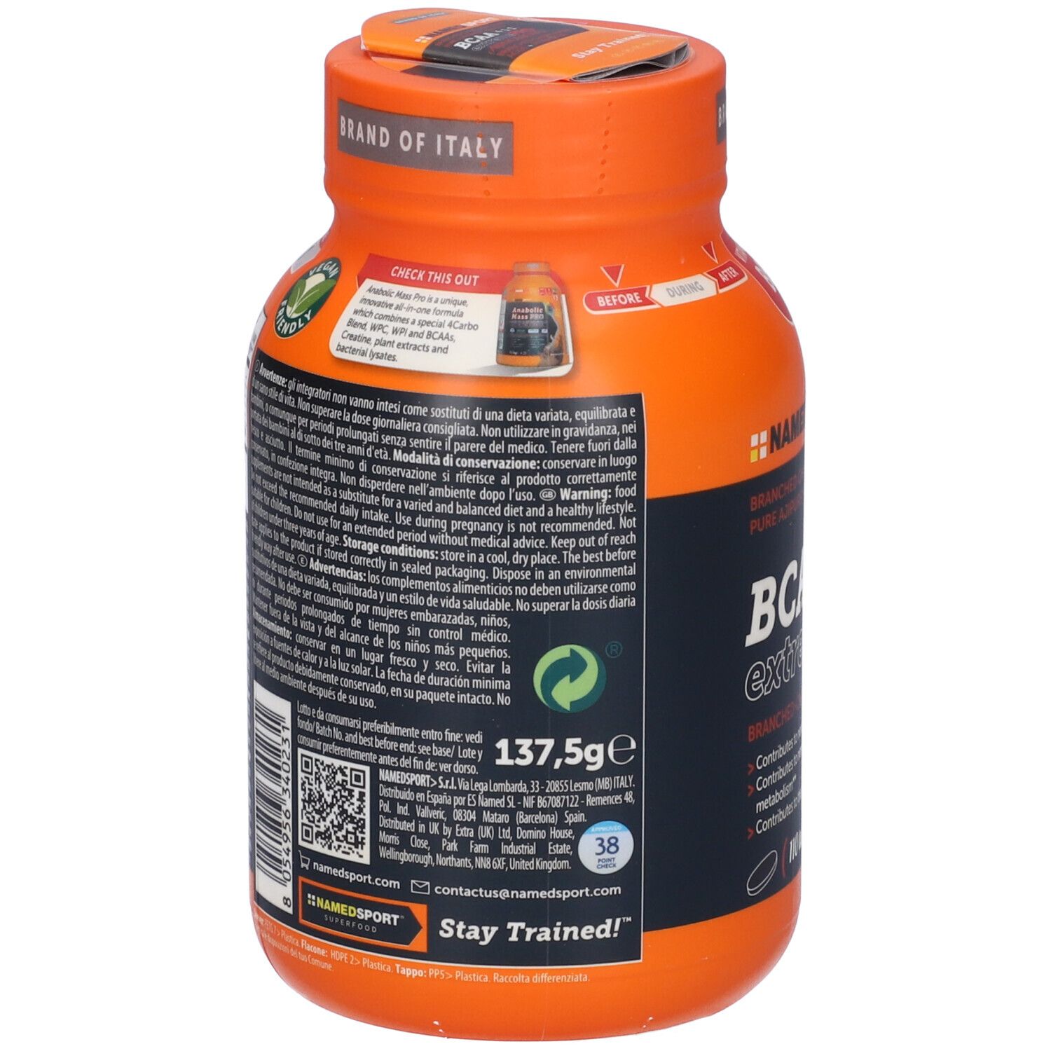 Dos du flacon de comprimés. Informations textuelles, code QR et logo NAMEDSPORT. Poids : 137,5 g.