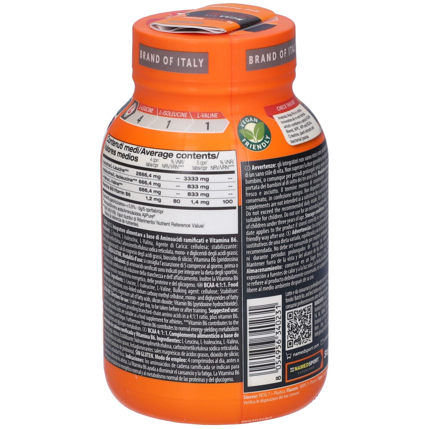 Dos du flacon de comprimés. Tableau nutritionnel et informations textuelles. Label Vegan Friendly.