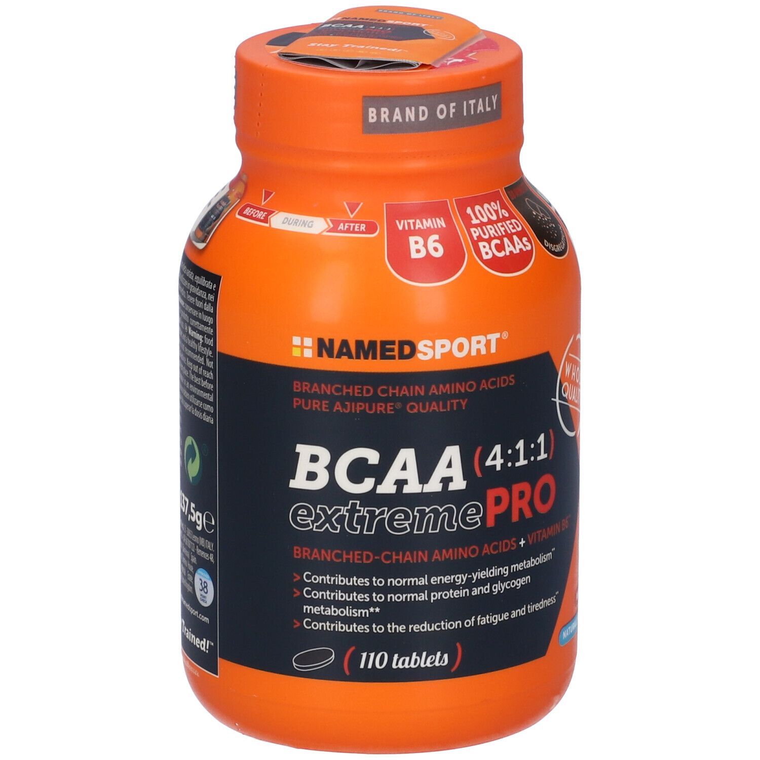 Flacon orange de comprimés. Inscription : BCAA 4:1:1 Extreme Pro. Contient 110 comprimés. Marque : NAMEDSPORT.