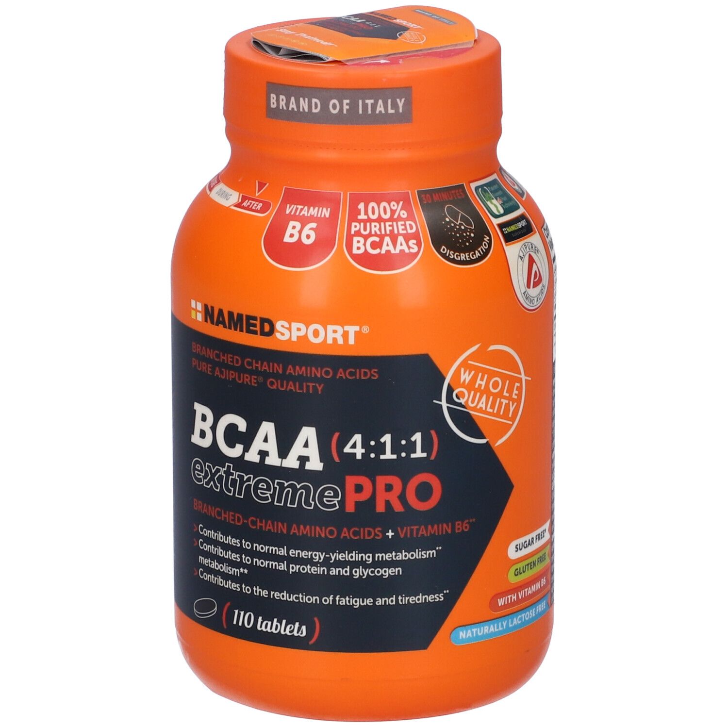 Flacon orange de comprimés. Inscription : BCAA 4:1:1 Extreme Pro. Contient 110 comprimés. Marque : NAMEDSPORT.