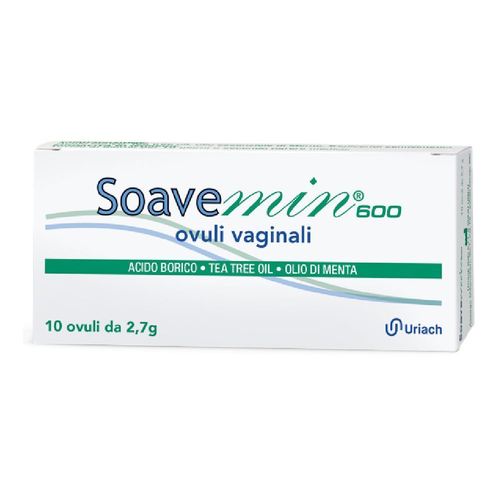 Scatola di Soavemin® 600 Ovuli Vaginali. Contiene 10 ovuli. Ingredienti: Acido Borico, Tea Tree Oil, Olio di Menta.