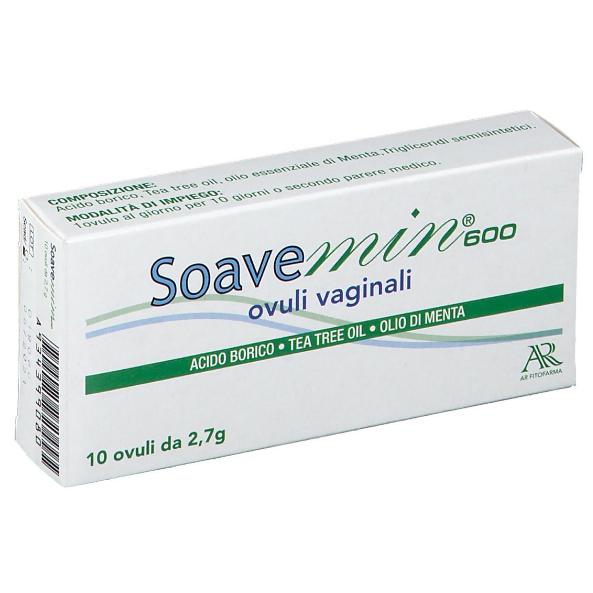 Scatola di Soavemin® 600 Ovuli Vaginali. Contiene 10 ovuli. Ingredienti: Acido Borico, Tea Tree Oil, Olio di Menta.