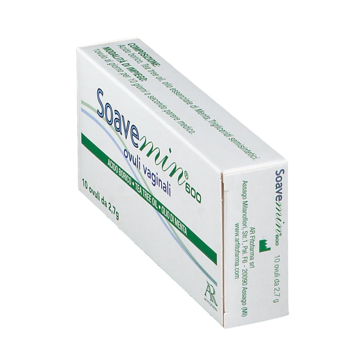 Scatola di Soavemin® 600 Ovuli Vaginali. Contiene 10 ovuli. Ingredienti: Acido Borico, Tea Tree Oil, Olio di Menta.