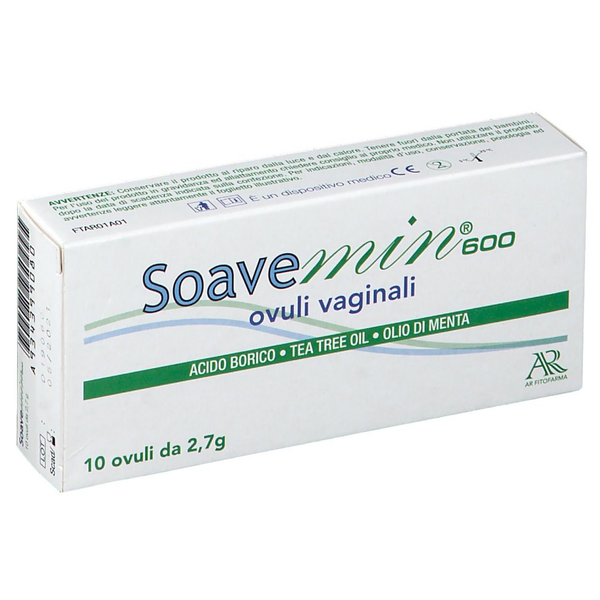 Scatola di Soavemin® 600 Ovuli Vaginali. Contiene 10 ovuli. Ingredienti: Acido Borico, Tea Tree Oil, Olio di Menta.