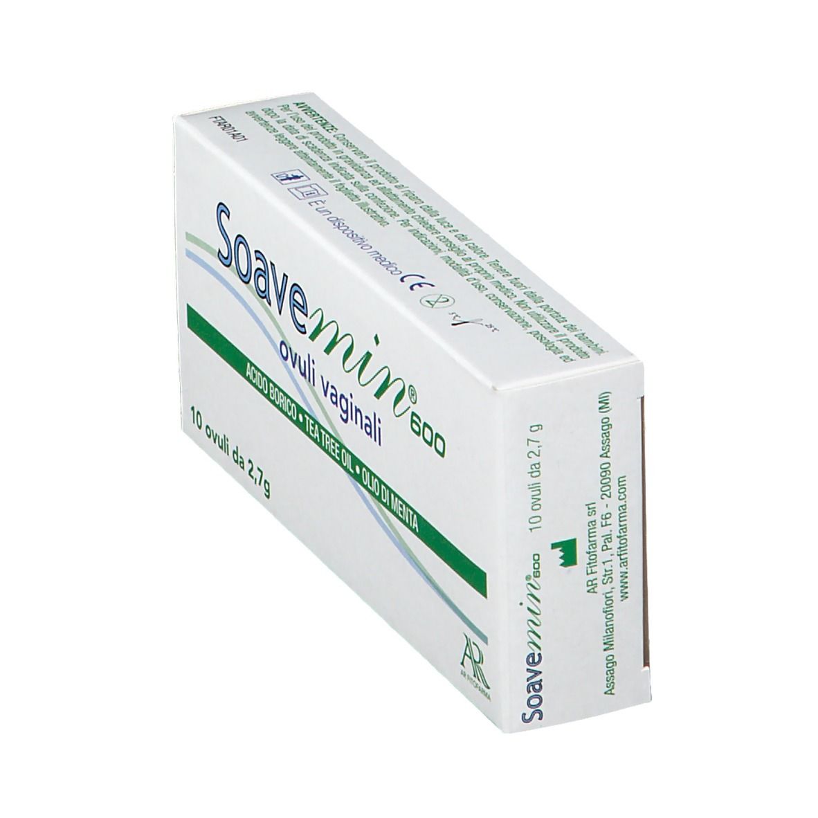 Scatola di Soavemin® 600 Ovuli Vaginali. Contiene 10 ovuli. Ingredienti: Acido Borico, Tea Tree Oil, Olio di Menta.