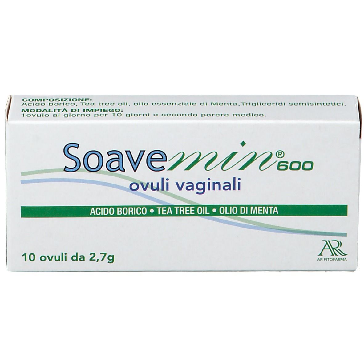 Scatola di Soavemin® 600 Ovuli Vaginali. Contiene 10 ovuli. Ingredienti: Acido Borico, Tea Tree Oil, Olio di Menta.
