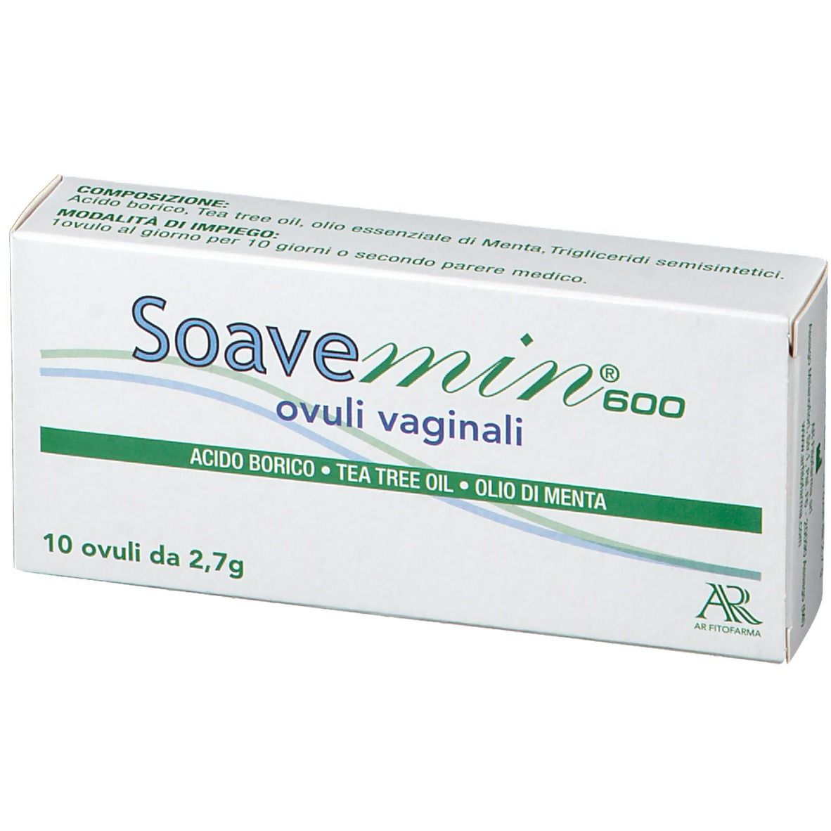Scatola di Soavemin® 600 Ovuli Vaginali. Contiene 10 ovuli. Ingredienti: Acido Borico, Tea Tree Oil, Olio di Menta.