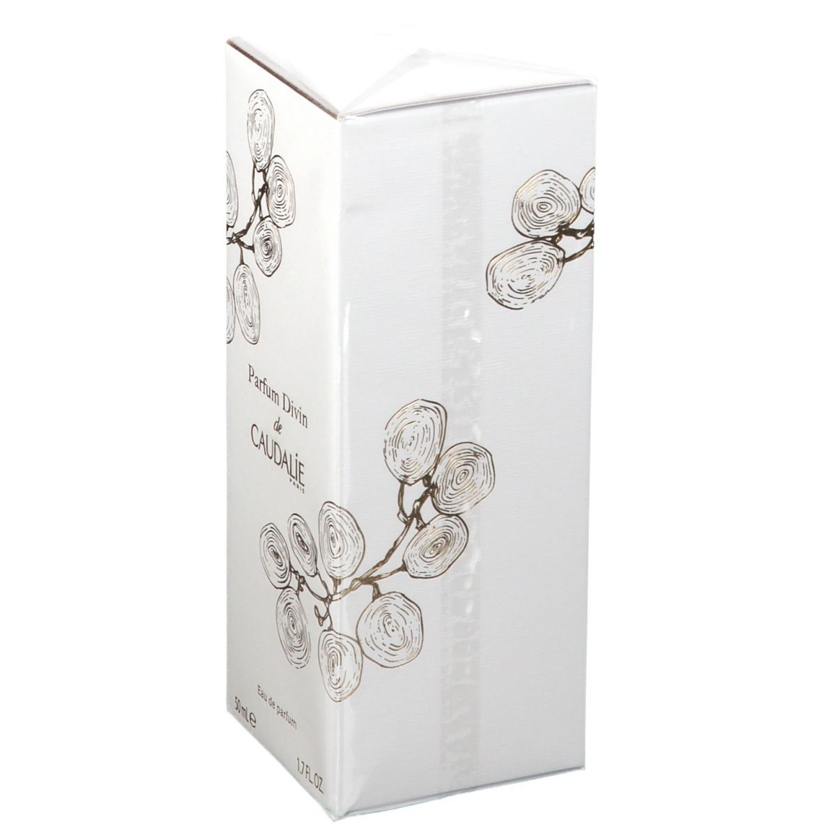 Scatola rettangolare bianca con tralci dorati. Scritta Parfum Divin de CAUDALIE.