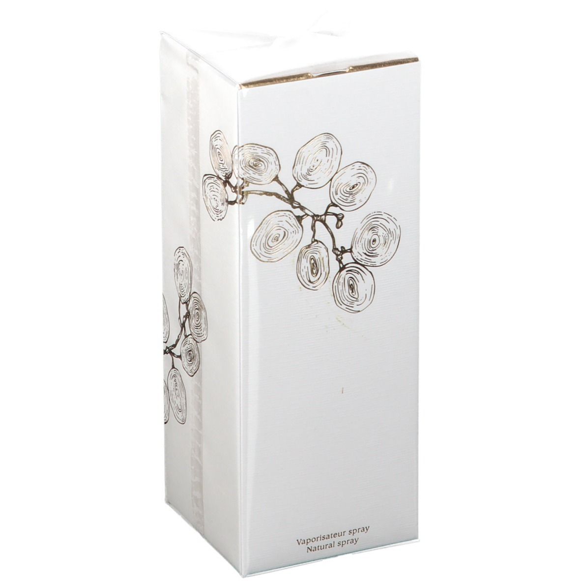 Scatola rettangolare bianca con tralci dorati. Scritta Parfum Divin de CAUDALIE.